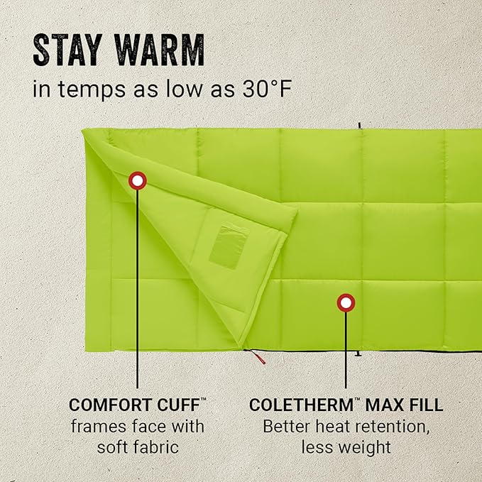 Coleman Kompact 20°F/30°F/40°F Sleeping Bag Cool-Weather Adult Sleeping Bag with Heat Retention Stuff Sack &amp Snag-Free Zipper Great for Camping Sleepovers Guests &amp More