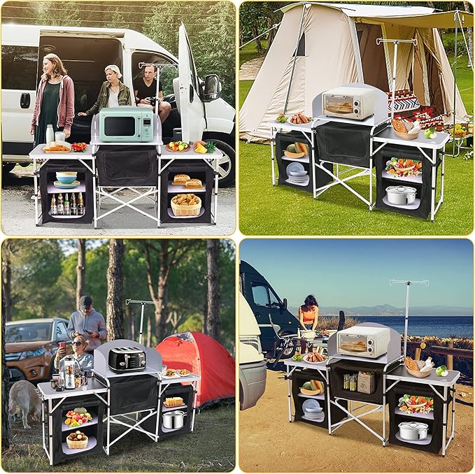 Nice C Camping Kitchen Table Folding Grill Table Upgrade Light Stand and Windshield Cooking Station &amp 3 Organizers Carry Bag for Outdoor Beach BBQ Picnic Cooking Indoor Office(Silver)