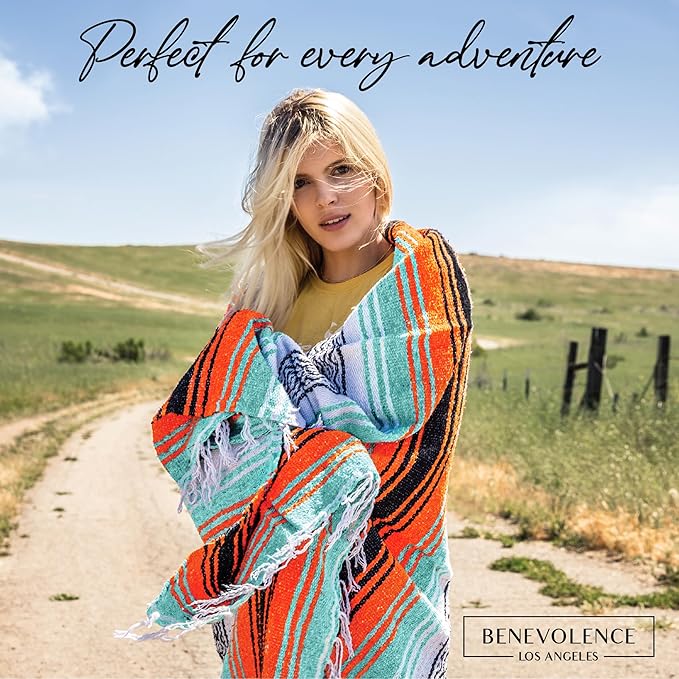 Benevolence LA Authentic Handwoven Mexican Blanket | Yoga Blankets Outdoor Picnic Beach Camping | Equestrian Saddle | Serape 50x70 inches - Bright Mandarin Pack of 1