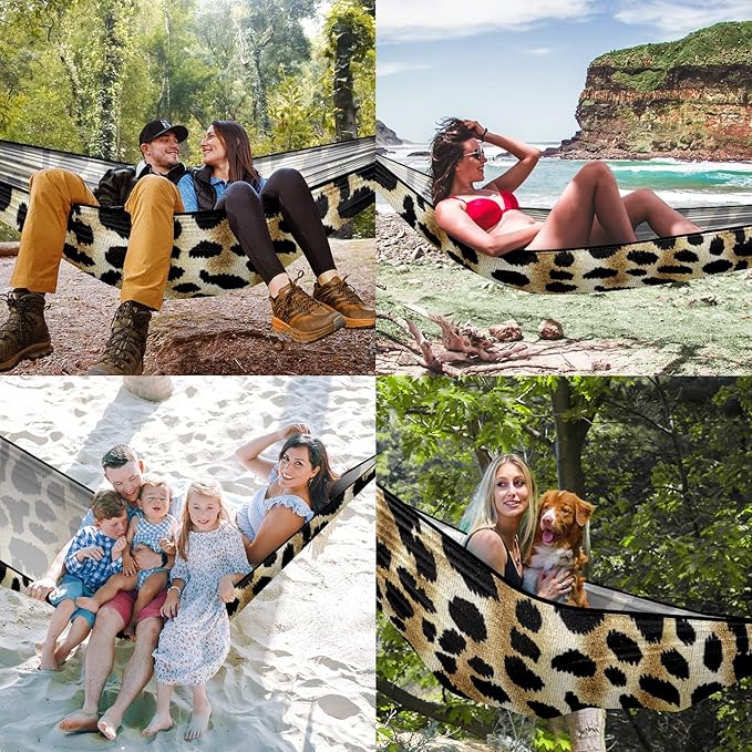 Outdoor Camping Hammock Leopard Print Camouflage Color Double Single Hammocks with 2 Tree Straps Lightweight Portable Yet Heavy Duty Nylon Hammocks Travel Beach Backyard Patio Hiking