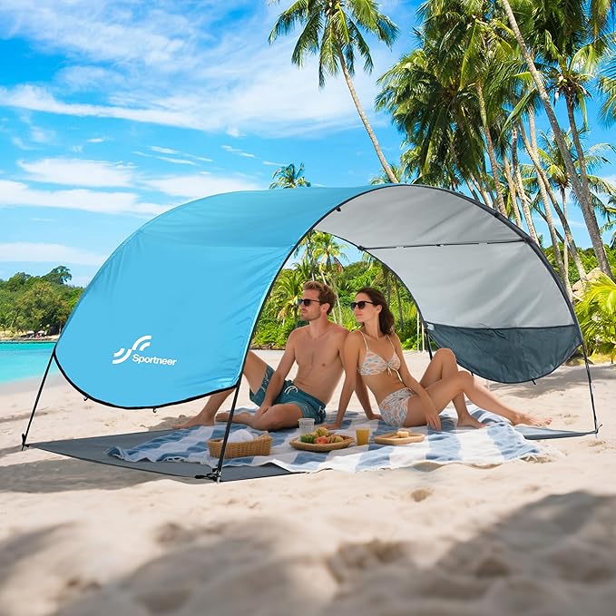 Sportneer Beach Tent Sun Shelter: UPF 50+ UV Protection Beach Canopy Tent Sun Shade for 2-3 Person Easy Set Up Canopy with 8 Wind Ropes and 12 Ground Stakes Size 96.5''x55.7''