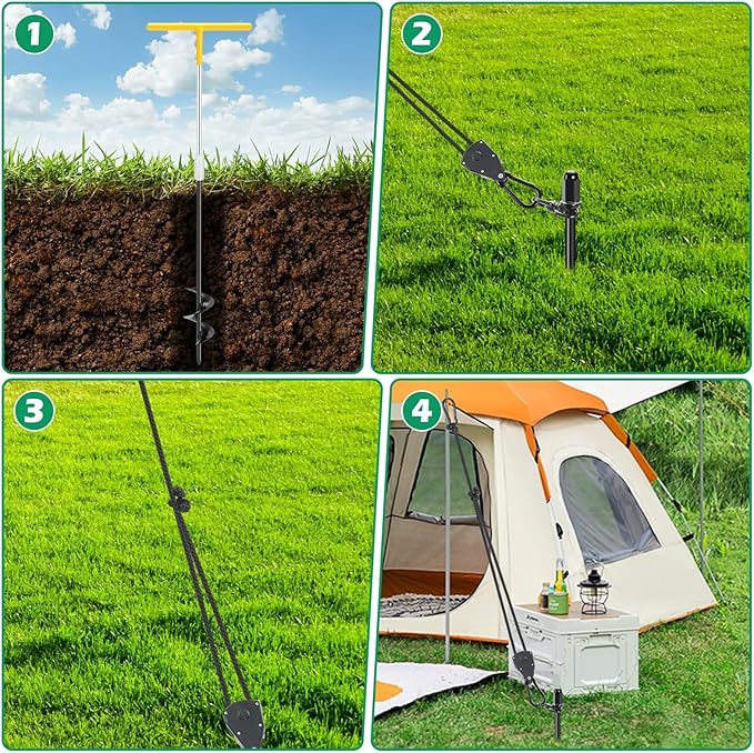 4 Pack Screw-in Tent Stakes 17.7 Heavy Duty Spiral Ground Anchors (8mm Solid Steel 1.5 Helix) w/ 4×8ft Ratchet Guy Lines M12 Wrench &amp Bag for Camping Tents Canopies Tarps Beach Sand