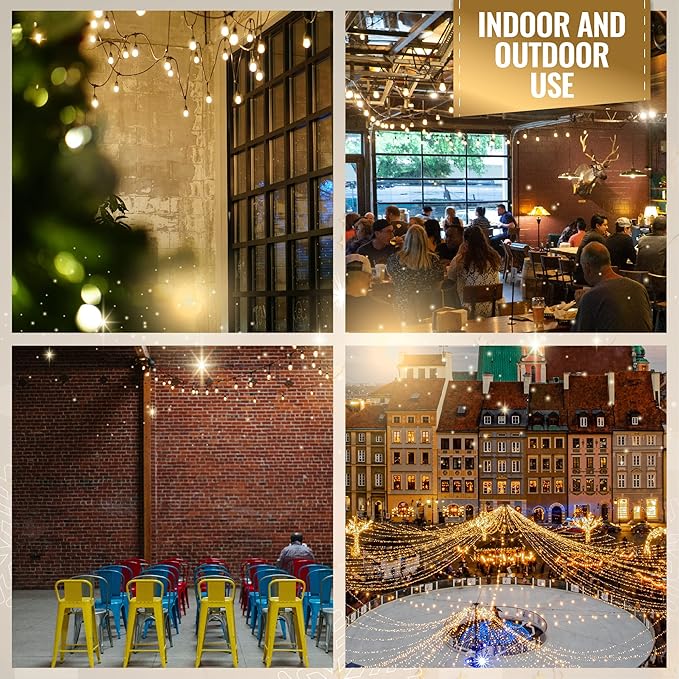 Aurio 48ft Waterproof Outdoor String Lights with Hanging Vintage LED Edison Bulbs - Commercial Grade Patio Lights for Cafe Ambiance - 36 in Light Spacing