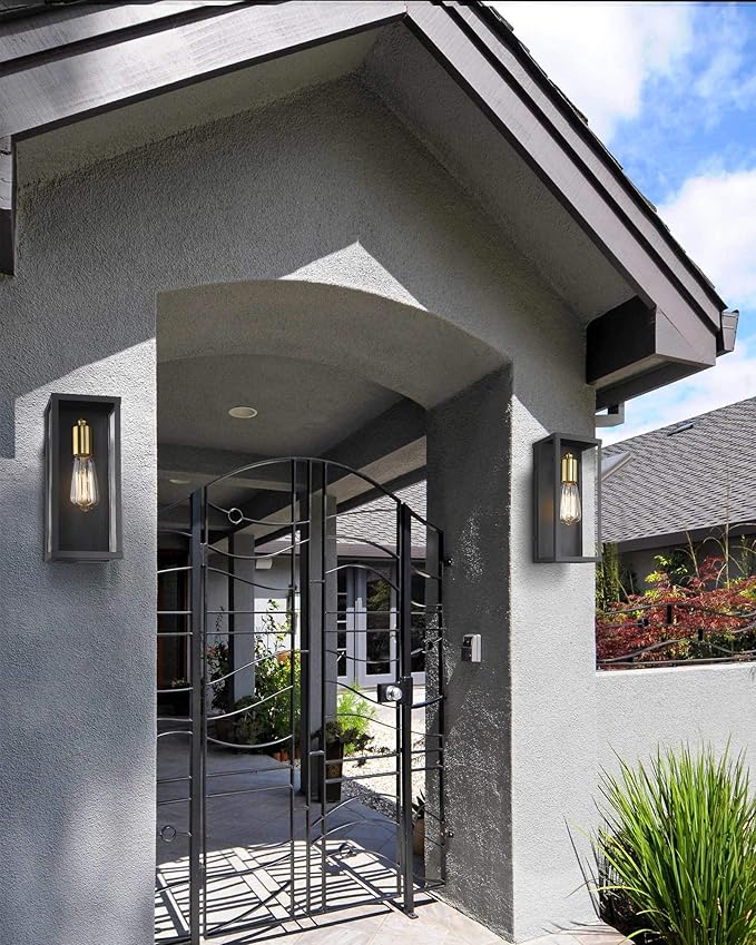 Outdoor Wall Light Exterior Lighting Fixtures Porch Light Wall Mount Lantern Sconce Matte Black &amp Brass Finish with Clear Glass Modern Wall Light for Front Door Garage 1 Pack