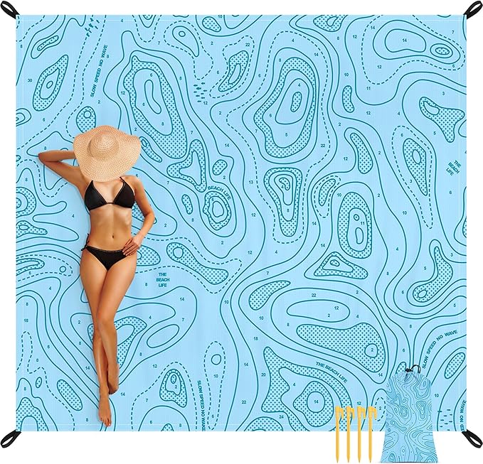 Beach Blanket Waterproof Sandproof 78”x 86” Large Sand Free Beach Mat with 4 Stakes &amp Portable Bag Big Flodable Compact Outdoor Pockets Picnic Blanket