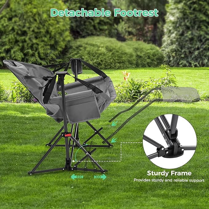 Ainfox Hammock Camping Chair with Footrest Foldable Portable Rocking Chairs for Adults Outside Swinging Camp with Cup Holder Pillow for Outdoor Patio Poolside (Grey)