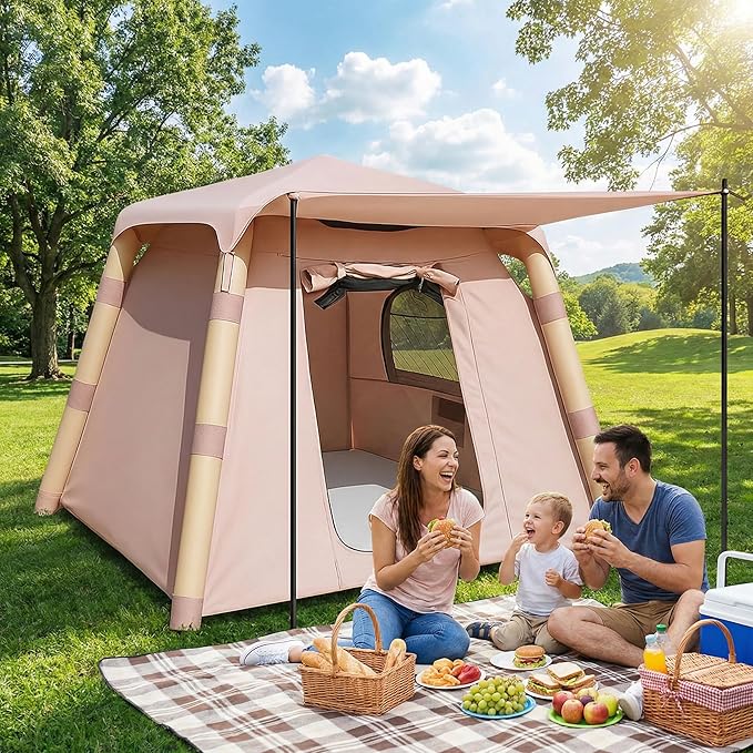 Inflatable Camping Tent for 3-4 Person Easy 2-Min Setup Luxury Air Tent Waterproof PU3000 &amp UPF 50+ Sun Protection Heavy Duty 300D Oxford Glamping Tent with Awning &amp Mesh Windows