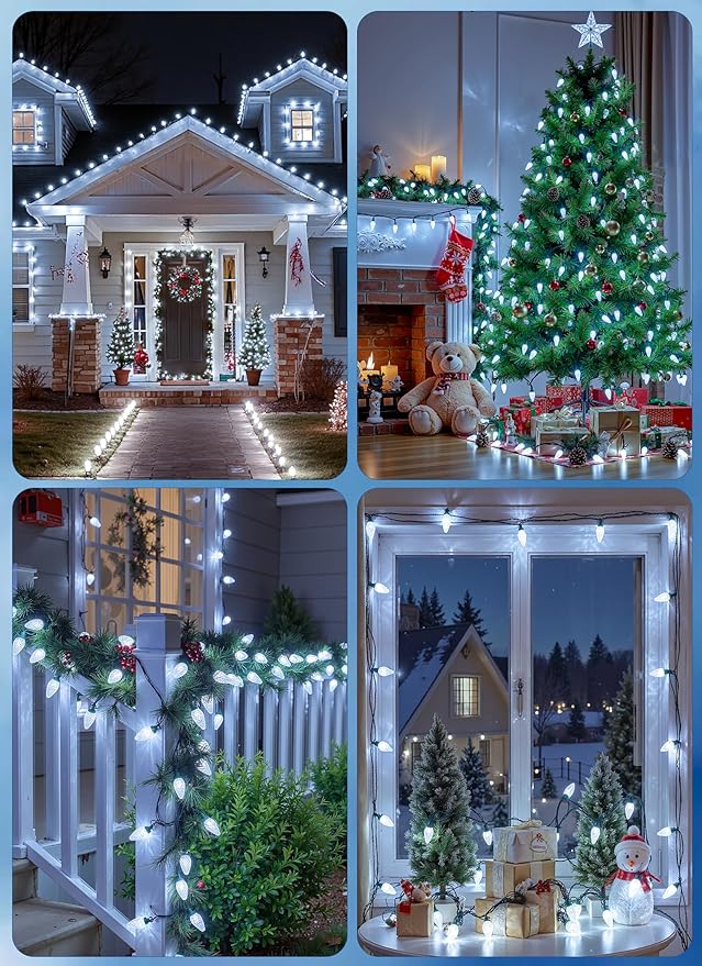 C9 LED Christmas Lights Outdoor 68 Feet 100 LED Strawberry String Lights with 100 Spring Clamps Commercial Grade Waterproof Extendable for Outside Roofline Patio Home Xmas Decoration Pure White