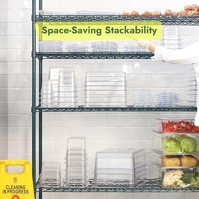 CURTA 12-Pack 1/6 Size 4 Deep NSF Polycarbonate Food Pan with Notched Lid &amp Drain Tray | Dishwasher &amp Freezer Safe Clear Container for Prep Tables Buffet Salad Bar Commercial Kitchen