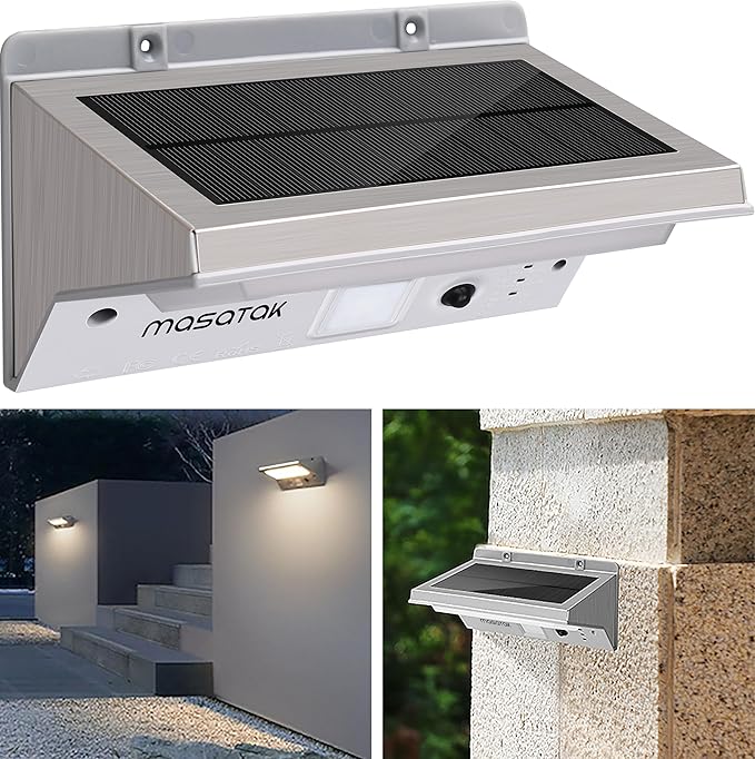 Solar Motion Sensor Outdoor Lights LED Security Light Waterproof Stainless Steel Solar Powered Wall Light for Front Door Patio Garage Porch Fence Yard 3 Modes Flood Light Bright (Cool White)