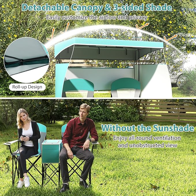 Goplus Double Beach Chair w/Adjustable Canopy Oversized Folding Camping Chair w/Roll-up Shade Cooler Bag Cup Holders Carrying Bag 2-Person Portable Loveseat for Sports Fishing (Turquoise)
