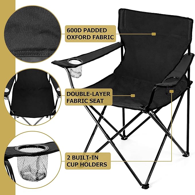 Leonyo 2Pcs Folding Camping Chairs Outdoor PortableLawn Chairs for Adults with Cup Holders Carrying Bag for Outside Beach Sports Hiking Black