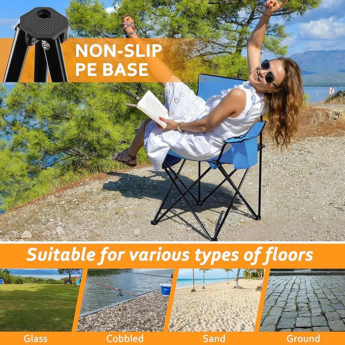 HaSteeL Camping Chair for Adults 2Pcs Large Folding Beach Chairs with Carrying Bag Portable for Outdoor Patio Picnic Lawn Hiking Fishing Travel Cooler/Cup Holder/Storage Pocket (Blue)