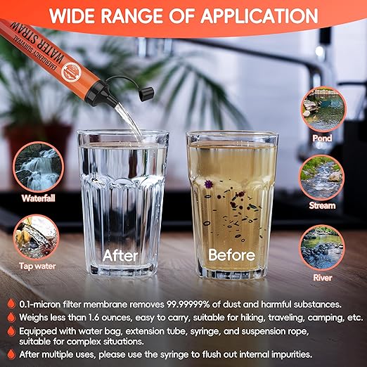 Emergency Water Filter Straw Personal Survival Water Filtration System Water Purifier Outdoor Survival Gear and Equipment for Hiking Camping Accessories Cycling Fishing Preparedness (3PCS)