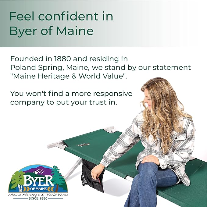 BYER OF MAINE Military Cot Folding cot Reinforced Aluminum/Steel Frame Extra Large Size Holds 375lbs
