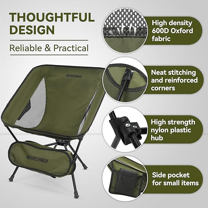MARCHWAY Lightweight Folding Camping Chair Portable Foldable Compact for Outdoor Camp Travel Beach Picnic Festival Hiking Backpacking Supports 330Lbs (Green)