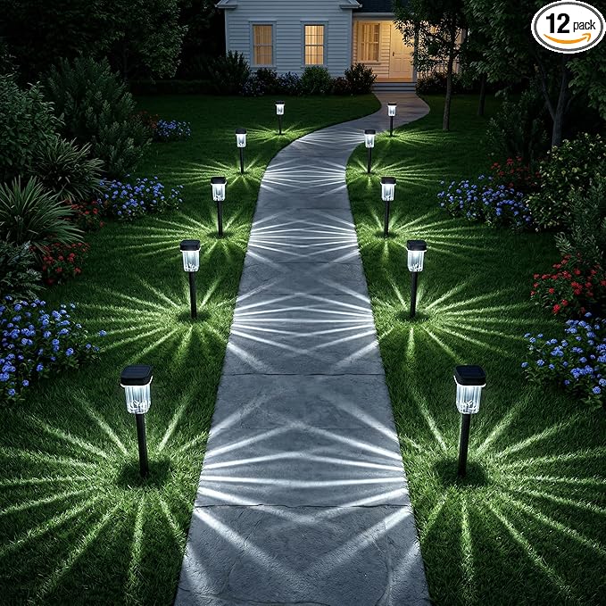 Solar Pathway Lights Outdoor 12 Pack - IP55 Waterproof Solar Powered Garden Lights 6000K Cold White LED Auto On/Off Outdoor Solar Lights for Yard Driveway Patio Decor Landscape Lighting