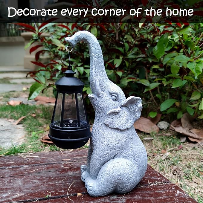 Elephant Solar Garden StatuesResin Elephant Figurine Decorations with Solar Lights Lantern Outdoor Figurines Lawn Garden Statue Decor Art for LawnYard Balcony Ornament.