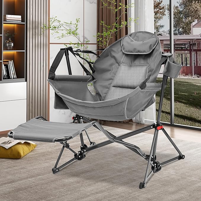 Ainfox Hammock Camping Chair with Footrest Foldable Portable Rocking Chairs for Adults Outside Swinging Camp with Cup Holder Pillow for Outdoor Patio Poolside (Dark Grey)
