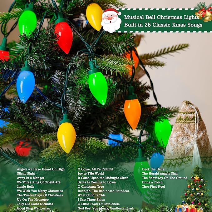 HAYATA Music Christmas Lights 35 LED C9 String Light - Fairy Xmas Decor Lighting for Outdoor Indoor Patio Party Home Wreath Garland Christmas Tree Decoration. (Multi Color)