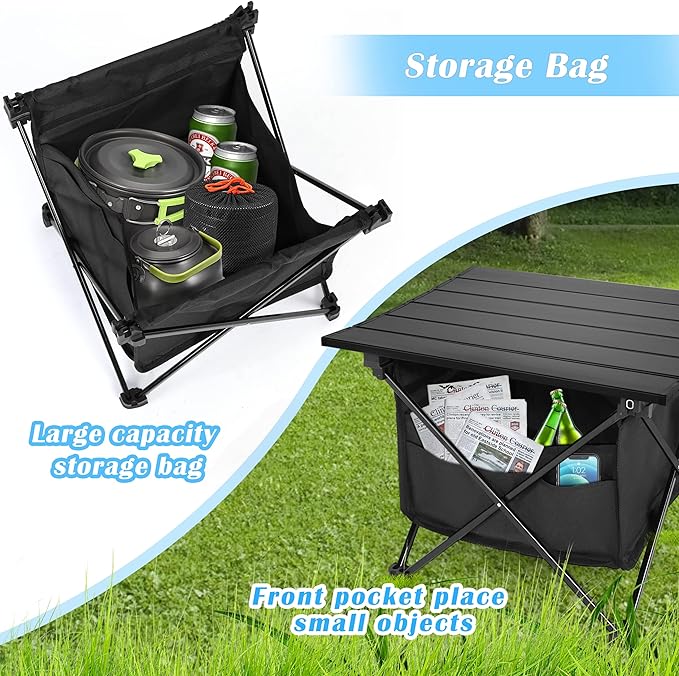 Portable Folding Aluminum Alloy Camping Table with High-Capacity Storage and Carry Bag Medium Size for Camping Traveling Hiking Fishing Beach BBQBlack