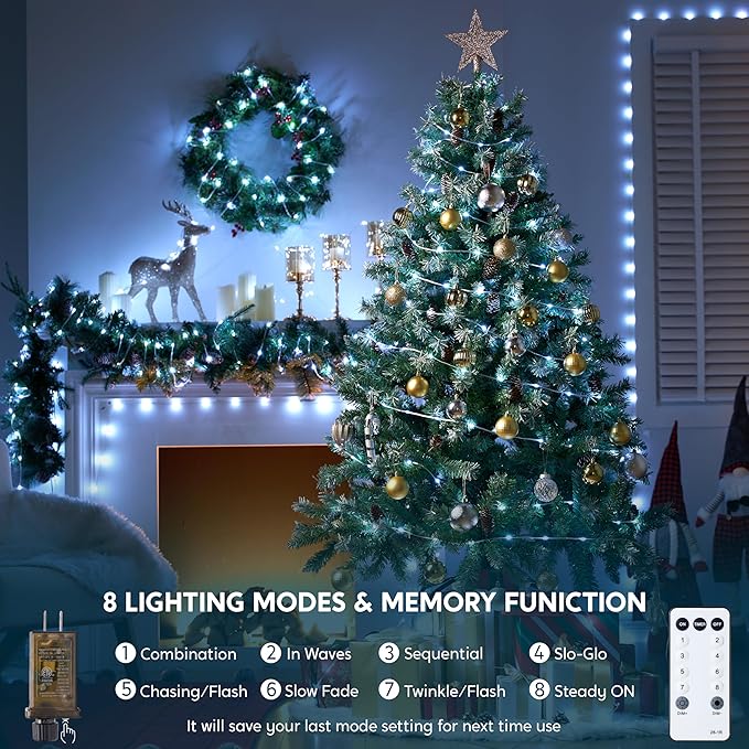 Joiedomi 600 LED Christmas Lights Outdoor197 FT Cool White Christmas Tree Lights with 8 Modes Timer PVC Clear Wire String Lights with Reel for Indoor Outdoor Holiday Xmas Eve Night Decorations