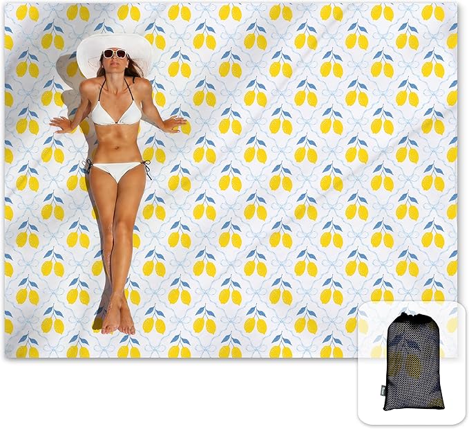 Sunlit Large Beach Blanket Waterproof Sand Proof 81 x106 Sand Free Mat with Corner Pockets and Storage Bag for Travel Beach Camping Outdoor Festival Chic Summer Accent Lemon Lattice