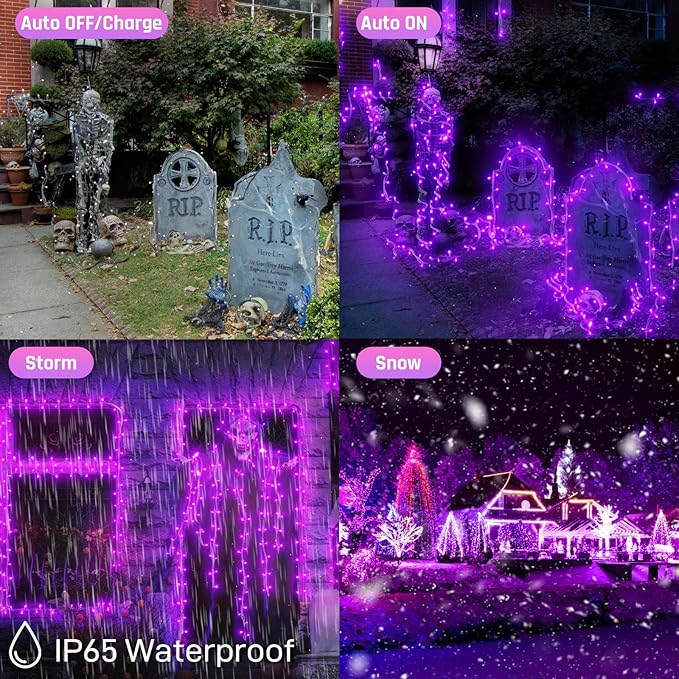 New Upgraded Purple Solar String Lights Outdoor 2 Pack Total 144FT 400LED Solar &amp USB Rechargeable 19 Mode Solar Halloween Lights for Outside Yard Patio Garden Party Xmas Halloween Decorations Pu