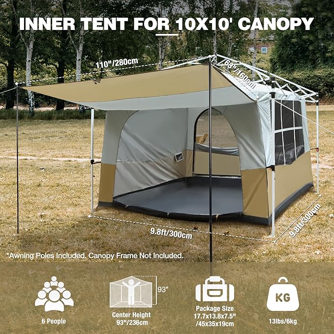 REDCAMP Canopy Camping Tent for Pop Up Canopy Tent Inner Tent Converts Straight Leg 10'x10' or 10'x20' Canopy into Camping Tent Fits 4-6 Person(Frame/Shelter NOT Included)