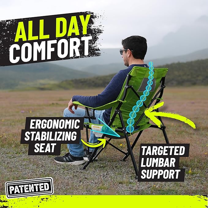 STRONGBACK Camping Chair Guru Heavy Duty Camping Chairs with Lumbar Support - Backpack Folding Camp Chair - Black