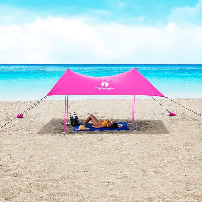 Red Suricata Family Beach Parasol - Sun Shade Canopy | UPF 50 UV Protection | Tent with 4 Aluminium Poles 4 Pole Anchors 4 Sandbag Anchors | Large &amp Portable Shelter Tarp