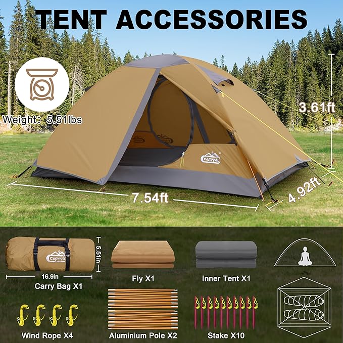 2 Person Backpacking Tent Waterproof Windproof Two Person Tent Lightweight Easy Setup 2 Man Tent for Camping Hiking Cycling