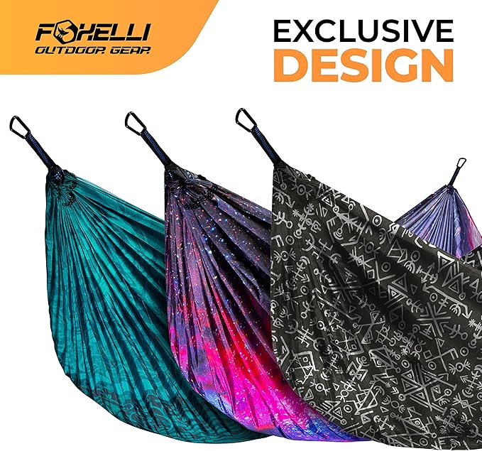 Foxelli Camping Hammock – Ultralight Hammock for Backpacking Hiking Festivals Travel - Easy Setup with Tree-Friendly Ropes &amp Steel Carabiners Heavy Duty Parachute Nylon