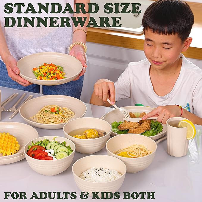 Wheat Straw Dinnerware Sets for 4 - Alternate To Plastic Dinnerware Set - Dishwasher Safe Microwave Plates - Lightweight Wheatstraw Dishes - Unbreakable Camping Plates &amp RV Dishes