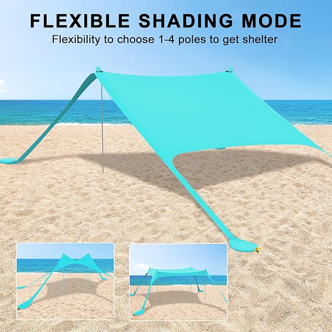 ihuan Beach Tent Sun Shelter 10X10FT UPF50+ with 4 Aluminum Foldable Poles Easy Setup Outdoor Shade Canopy for 8 Person Camping Sun Shelter for Fishing Family Trips Backyard Picnics
