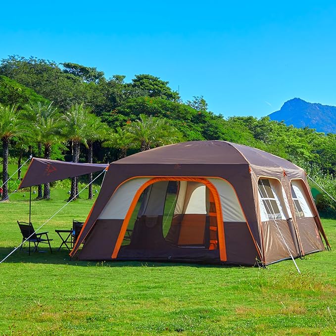 KTT Extra Large Tent 12-14 PersonFamily Cabin Tents2 RoomsStraight Wall2 Doors 4 Windows with MeshWaterproofStraight WallBig Tent for OutdoorPicnicCampingGathering(Brown)