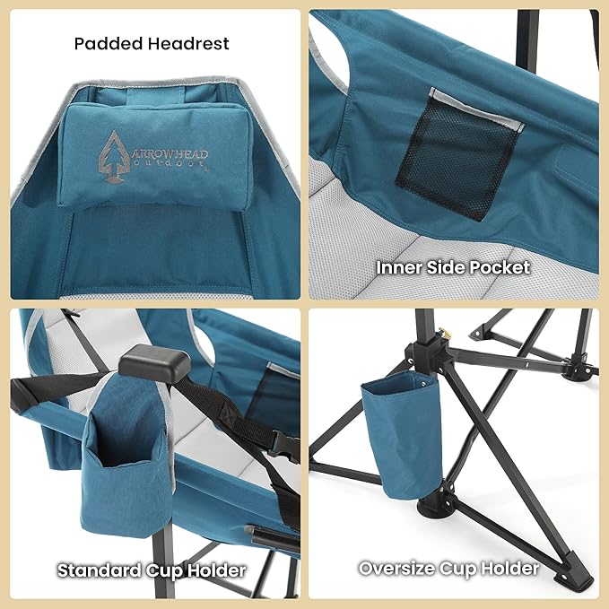 Arrowhead Outdoor Folding Hammock Camp Chair with Detachable Footrest Stabilized Feet Padded Headrest and Seat Large Cup Holders 300 LBS Weight Capacity for Camping Beach Tailgating