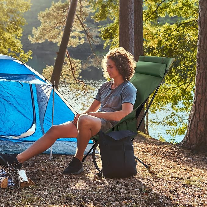 High Back Camping Chair Supports 440 lbs Portable Folding Backpacking Chair with Detachable Pillow for Camping Hiking &amp Travel(Green)