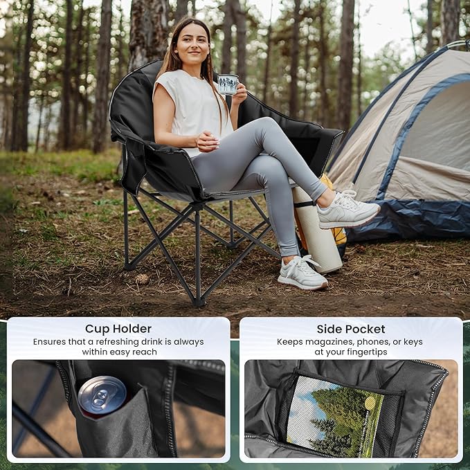 Oversized Camping Chair with Cup Holder &amp Carry Bag 500lbs Heavy Duty Moon Saucer Folding Chair for Outdoor Lawn Sports Patio Black