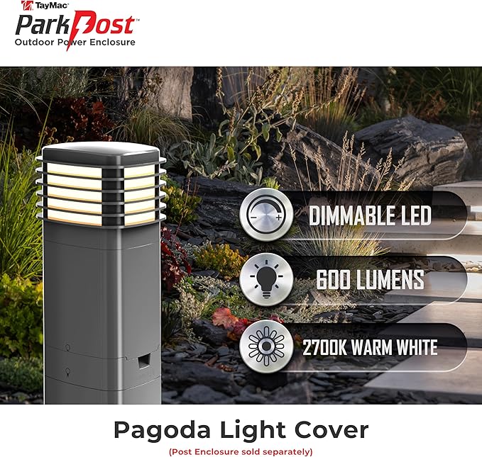 TayMac Gray Pagoda Light Slide Cover PPPLG for ParkPost Outdoor Power Enclosure (Required) 600-Lumen 2700K Polycarbonate Post Cap Light for Garden Decor Seamless Pagoda Lighting Accessory