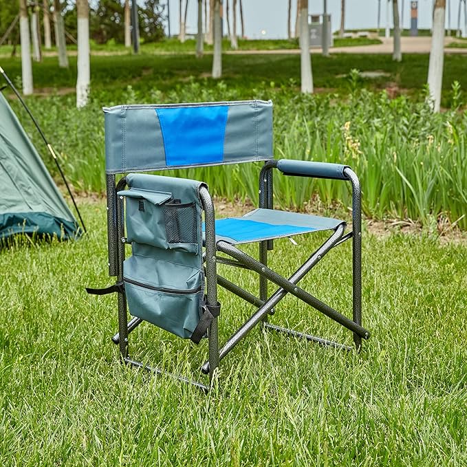 Lightweight Oversized Outdoor ChairPadded Folding Chairwith Side Table and Storage Pockets for IndoorOutdoor CampingPicnicsFishingBlue+Grey