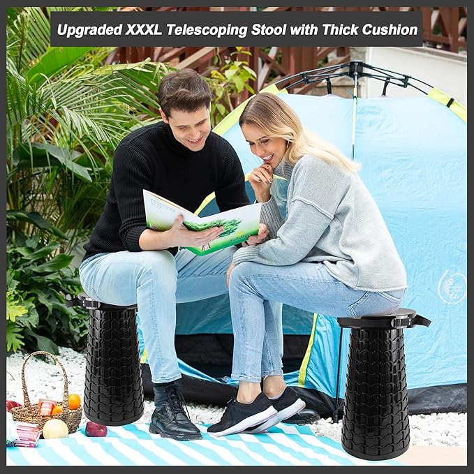 ALEVMOOM 2026 Upgraded XXL Collapsible Stool with Cushion &amp Bag Higher 23.2 Heavy Duty Telescoping Stool Max Load 1000 lbs Portable Retractable Folding Seat Chair for Camping Travel