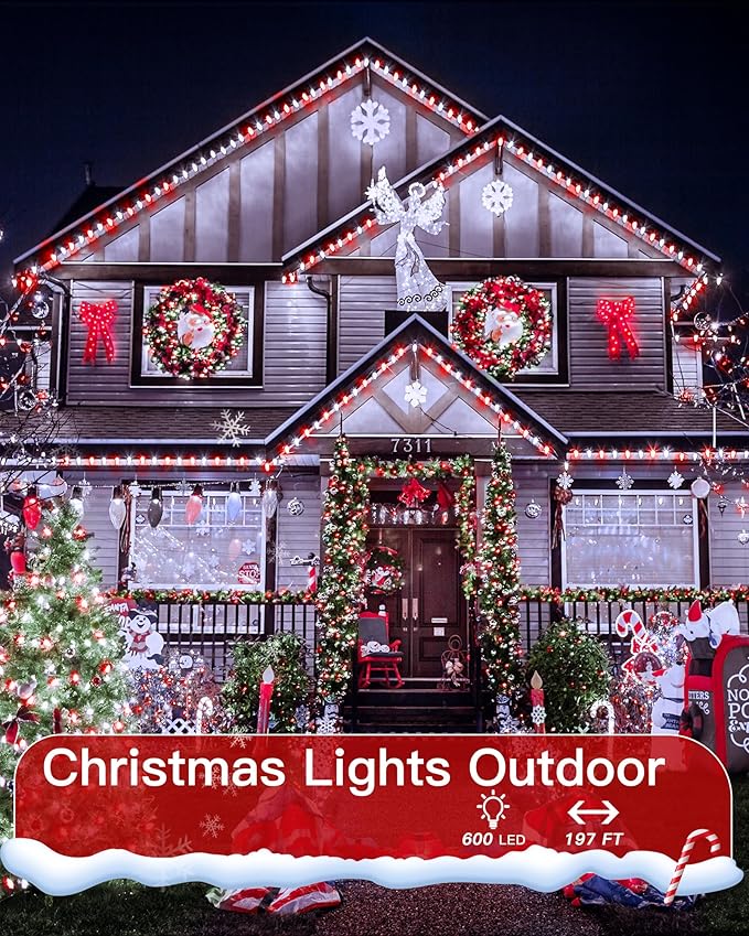 196FT 600LED Christmas Lights Outdoor Waterproof String Light with Remote 8 Modes LED Lights Plug in Twinkle Fairy Light for Party Holiday Decor (Red+White)