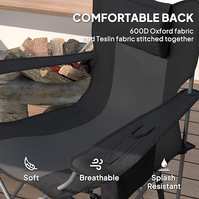 Outsunny Folding Rocking Camping Chairs for Adults Portable Outdoor Rocking Chairs with Headrest Cooler Bag Cup Holder Carry Bag for Picnic Outside and Outdoor Travel 2 Pack Black