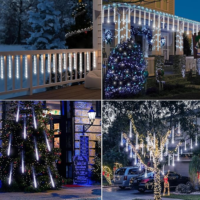 Christmas Decoration Outdoors- 32 Tubes (Equivalent to 4 Sets of 8-Tubes) Meteor Shower Rain Lights White Falling Rain Lights for Christmas Decor Xmas Tree Halloween Yard Wedding Party UL Plug