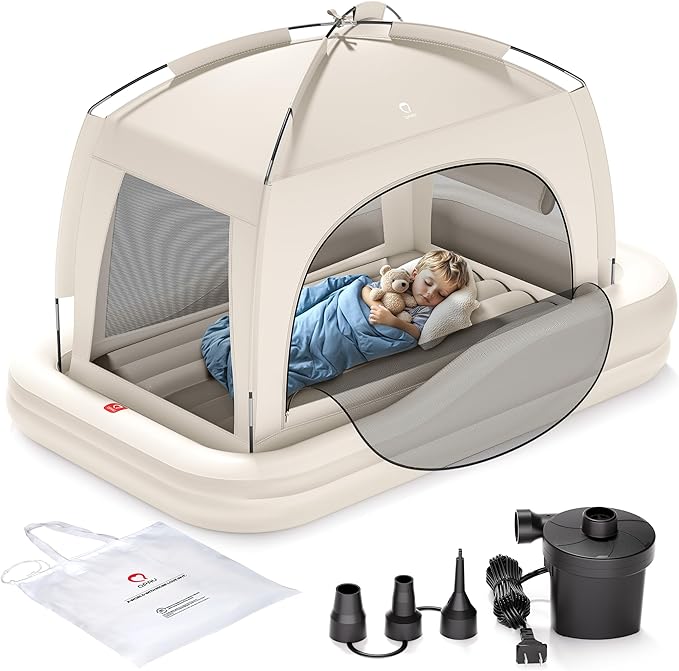 QPAU Inflatable Toddler Travel Bed with Tent Portable Kids Air Mattress with Safety Sides Ideal for Home Grandma's Camping Traveling -Includes Fast Electric Pump