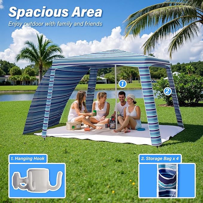 Beach Cabana-6.6x6.6’Beach Canopy with Side WallPortable Umbrella Tent with Sand Pockets for Family &amp FriendsEasy Up Beach Sun Shelter for Outdoor PatiosBackyardsand CampingStripe