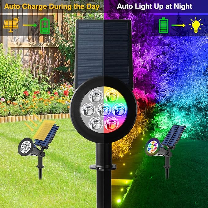 T-SUN Solar Spotlights Color Changing 7 LED Waterproof Solar Garden Lights Auto ON/OFF Adjustable Landscape Spot Lights 2-IN-1 Solar Wall lights for Patio Yard Garden Driveway Pool Area(2 Pack)