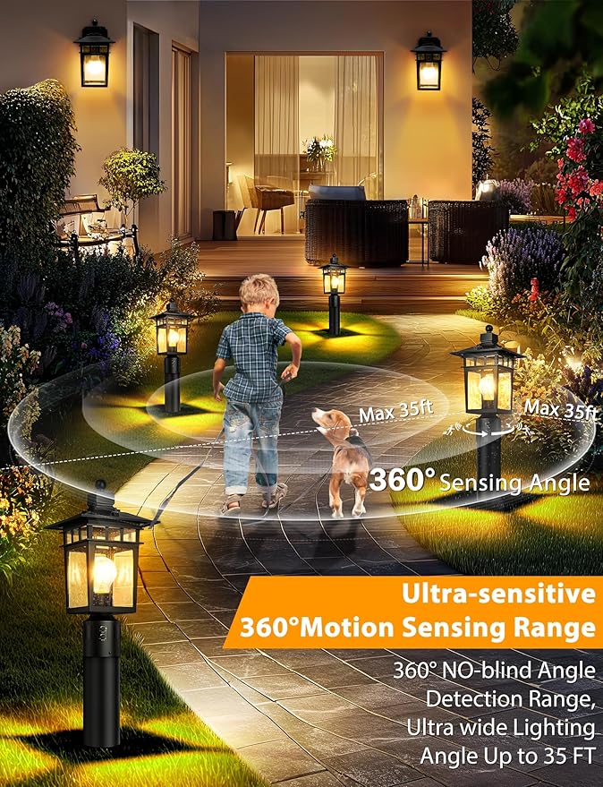 360° Motion Sensor Outdoor Post Lights 4 Lighting Modes Lamp Post Light Fixture Dusk to Dawn Waterproof Aluminum Black Pole Light Post Outdoor Lighting for Outside Garden Fence YardHard Wired