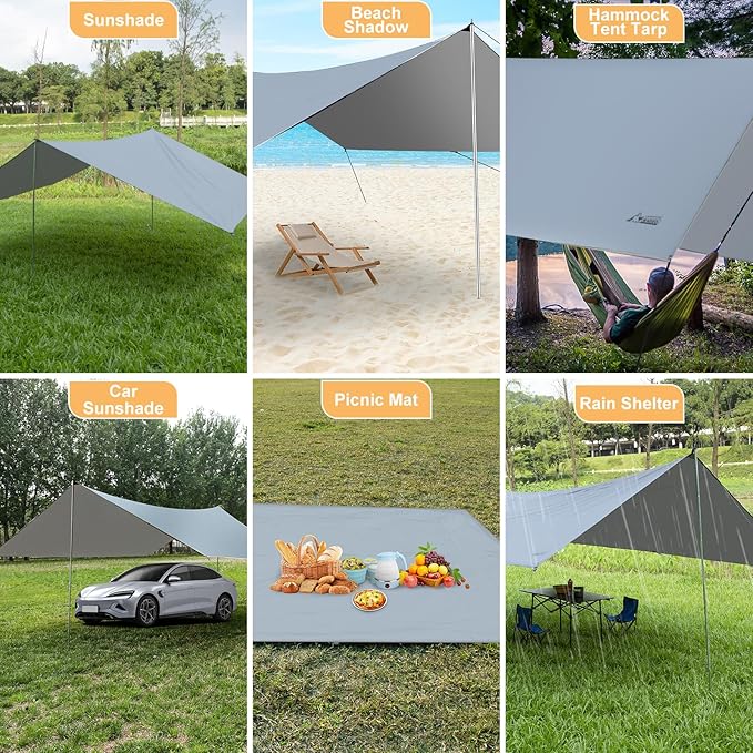 Camping Tarp with Poles 16x12 Ft Camping Canopy Waterproof Tent Tarp Rain Shelter for Camping PicnicBeach Outdoor Activities Extra Large Lightweight and UV Resistant Extra Large Grey